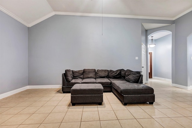 living room with crown molding, lofted ceiling, and light tile patterned floors