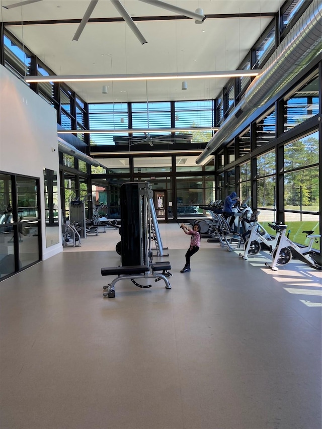 exercise room with floor to ceiling windows and a high ceiling