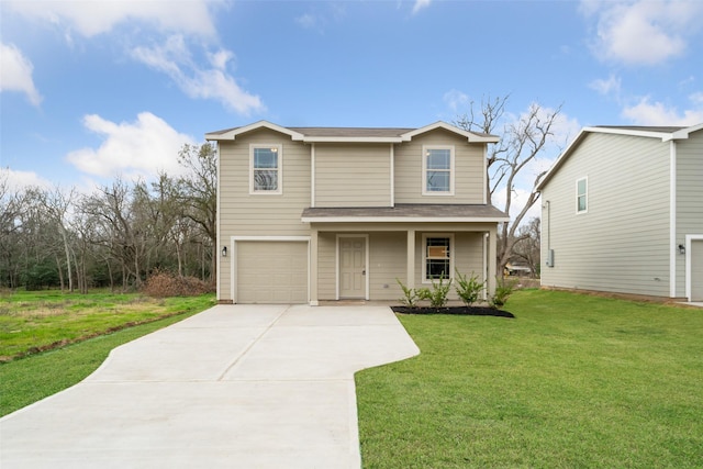 view of front of house featuring a garage, a front yard, and a porch