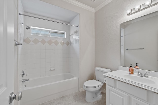 full bath with toilet, ornamental molding, shower / bathtub combination, tile patterned floors, and vanity