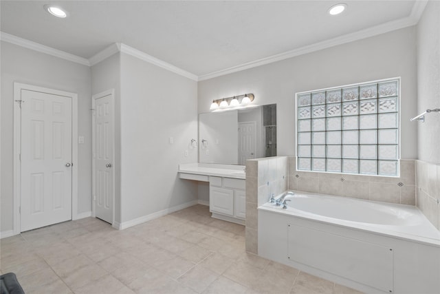 bathroom with tile patterned flooring, crown molding, baseboards, a bath, and vanity