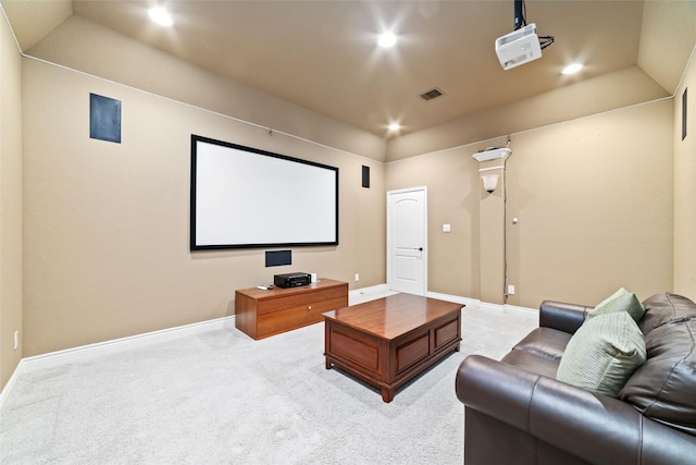home theater with visible vents, baseboards, recessed lighting, and light carpet