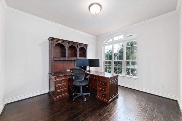 office area with crown molding, baseboards, and dark wood-style floors