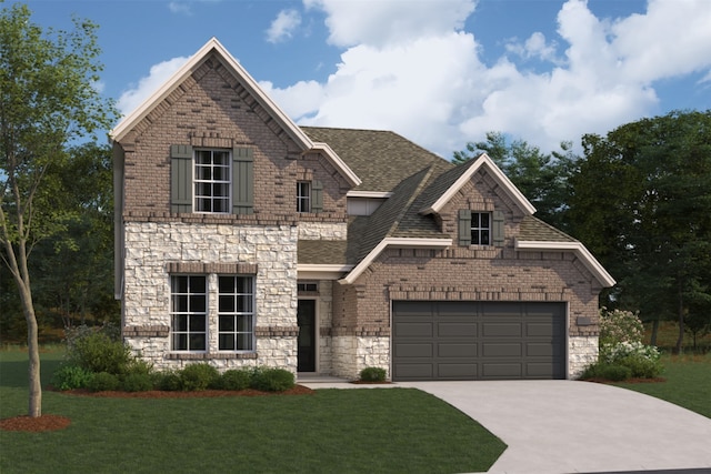 view of front of house featuring brick siding, roof with shingles, a garage, driveway, and a front lawn