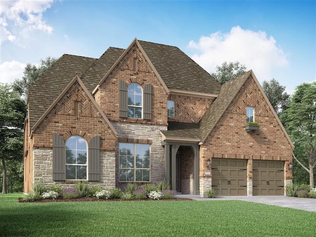 view of front of house with a front yard, driveway, stone siding, and a shingled roof