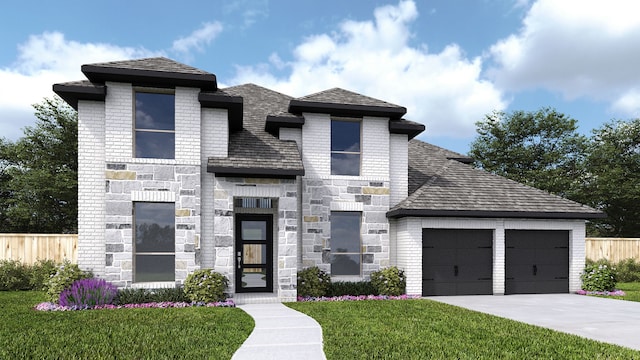 view of front facade with stone siding, fence, an attached garage, and concrete driveway