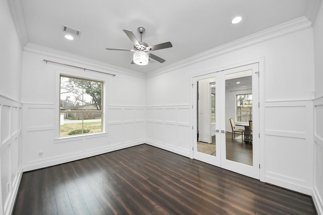 empty room with french doors, visible vents, and a healthy amount of sunlight