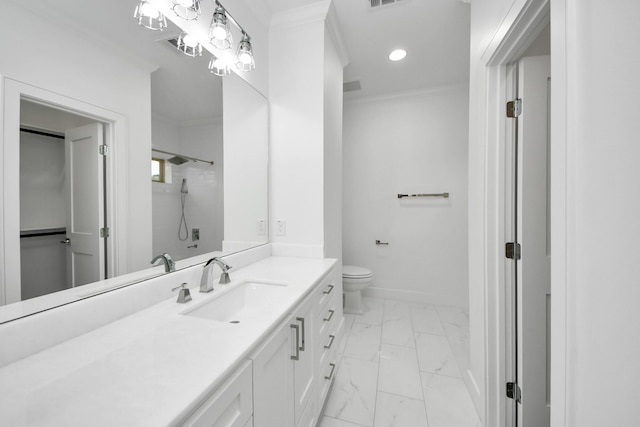 bathroom featuring baseboards, ornamental molding, marble finish floor, vanity, and a walk in shower