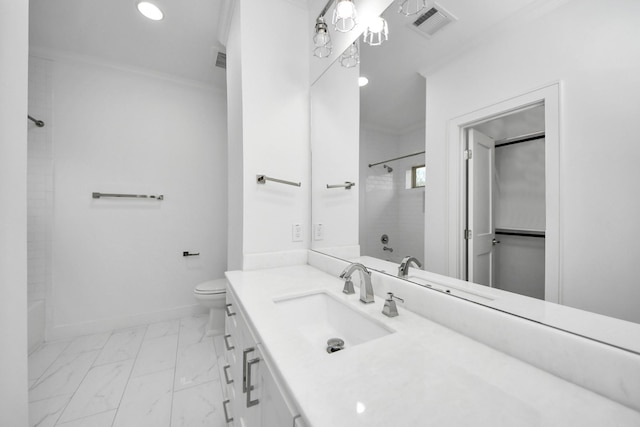 full bath featuring ornamental molding, marble finish floor, visible vents, and baseboards