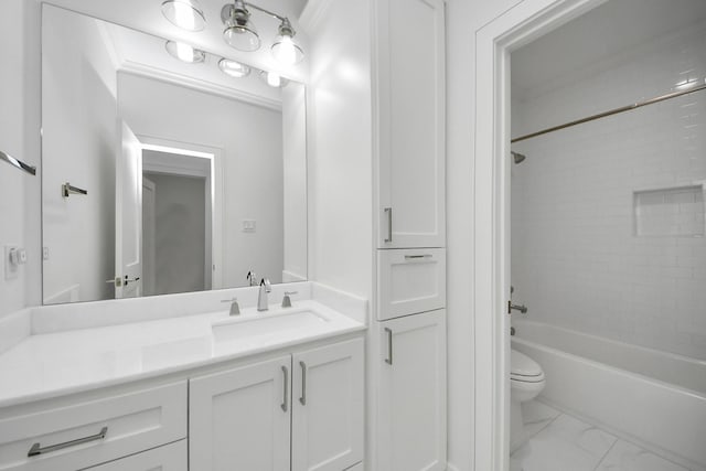 bathroom with  shower combination, marble finish floor, toilet, and vanity