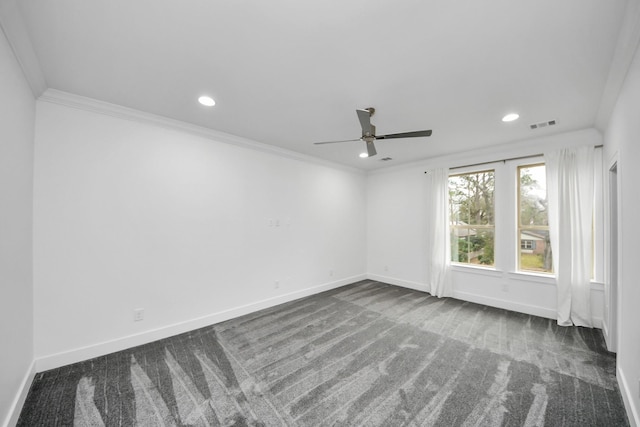 spare room featuring baseboards, visible vents, ornamental molding, carpet floors, and recessed lighting