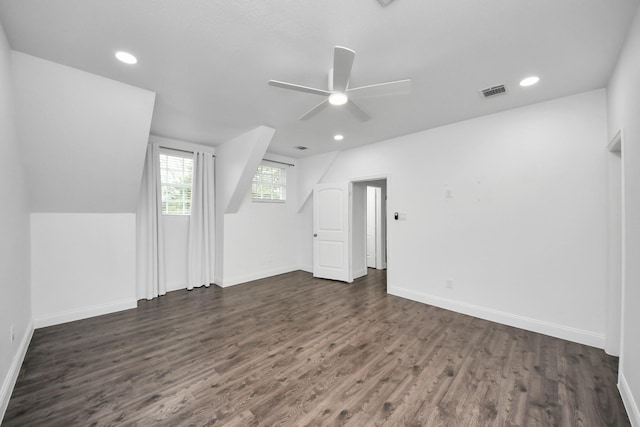 bonus room featuring recessed lighting, dark wood-style flooring, visible vents, and baseboards