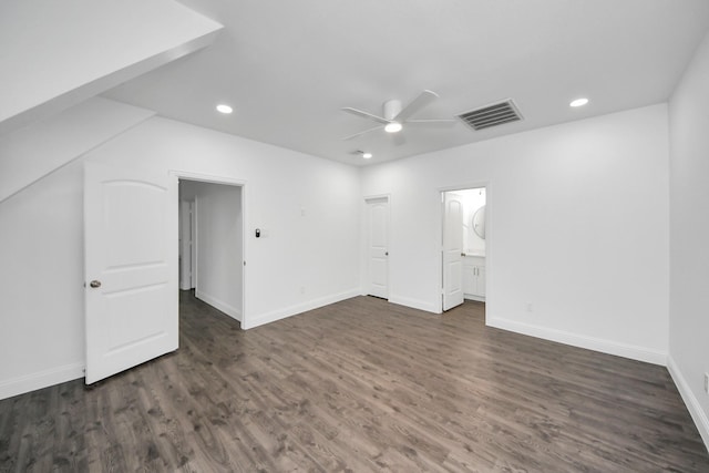 additional living space featuring recessed lighting, visible vents, baseboards, a ceiling fan, and dark wood finished floors