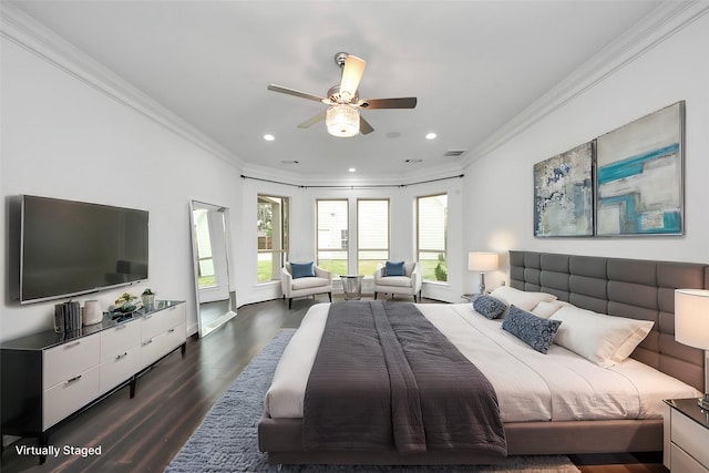 bedroom featuring ceiling fan, recessed lighting, visible vents, ornamental molding, and dark wood finished floors