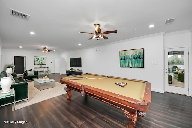 recreation room with ornamental molding, wood finished floors, visible vents, and recessed lighting