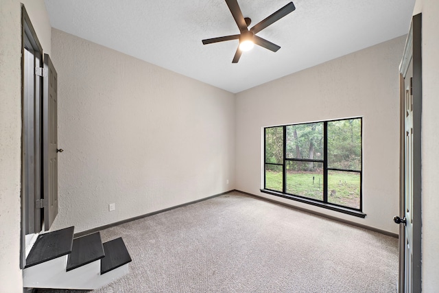 unfurnished room with ceiling fan, carpet flooring, and a textured ceiling