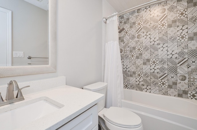 bathroom with toilet, shower / bath combo with shower curtain, and vanity