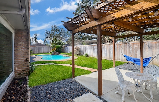 view of patio featuring a fenced in pool, a fenced backyard, and a pergola