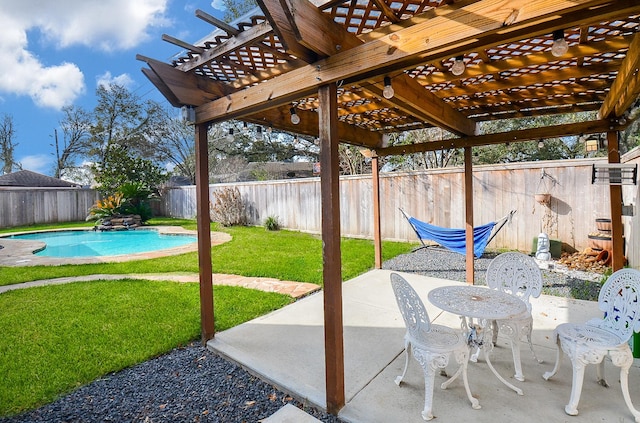 view of patio with a fenced backyard, a fenced in pool, and a pergola