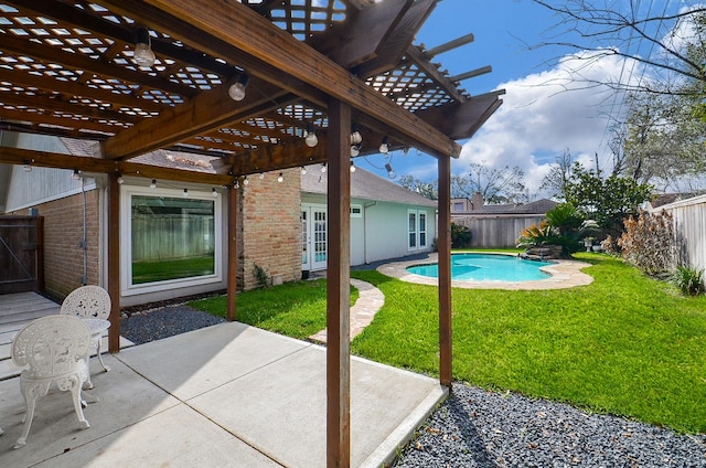 exterior space with a fenced in pool, a fenced backyard, and a pergola