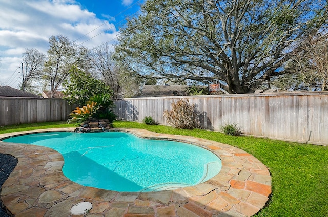 view of swimming pool with a yard, a patio area, a fenced backyard, and a fenced in pool