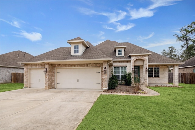 view of front of home with a garage and a front lawn