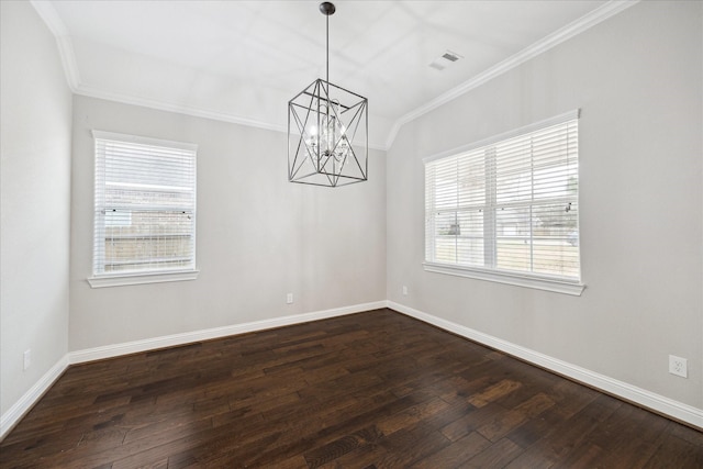 unfurnished dining area featuring dark hardwood / wood-style flooring and ornamental molding