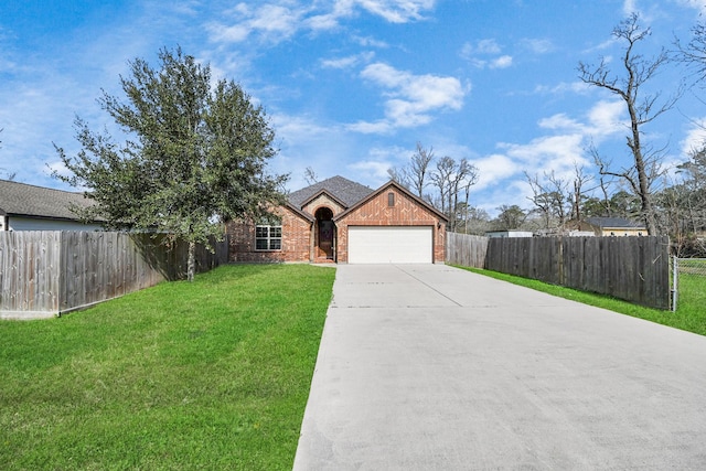 ranch-style house with a garage and a front lawn