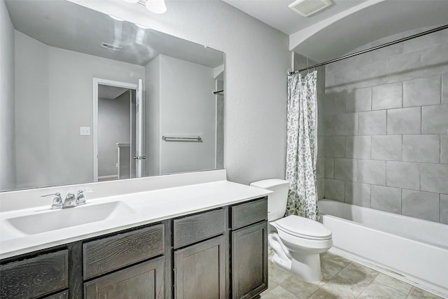 full bathroom with shower / bathtub combination with curtain, vanity, and toilet