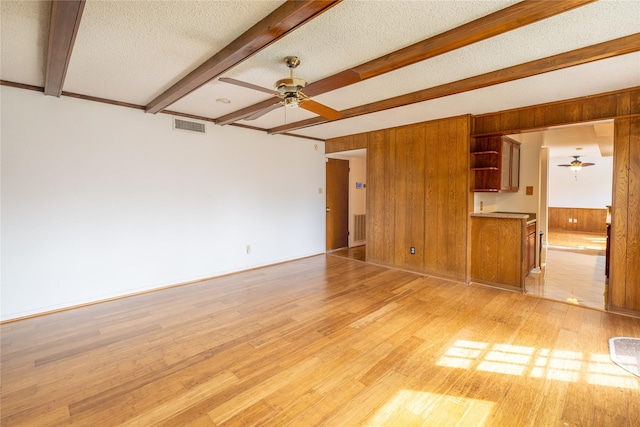 unfurnished living room featuring ceiling fan, beam ceiling, light hardwood / wood-style floors, a textured ceiling, and wood walls