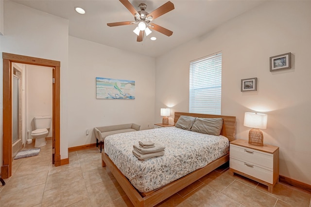 3520 Ave S Unit 1/2, Galveston, TX 77550 - tiled bedroom featuring ceiling fan and ensuite bath