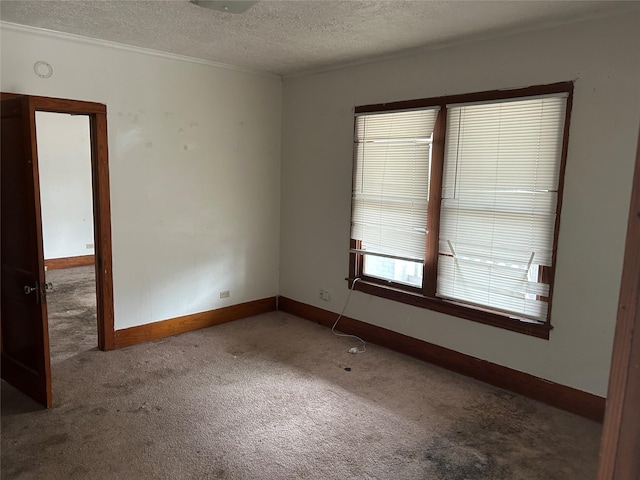 carpeted empty room featuring a textured ceiling