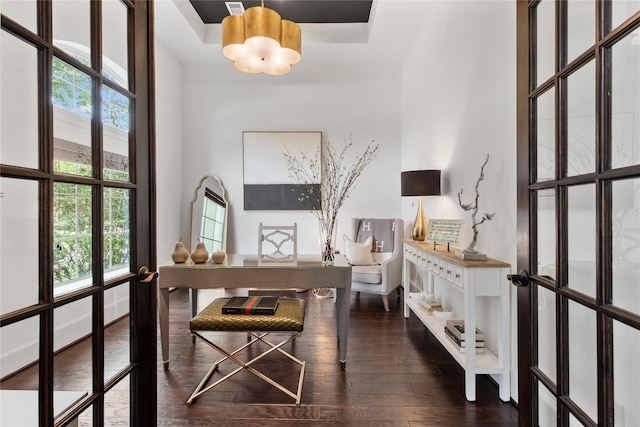 living area featuring a tray ceiling, french doors, and wood-type flooring