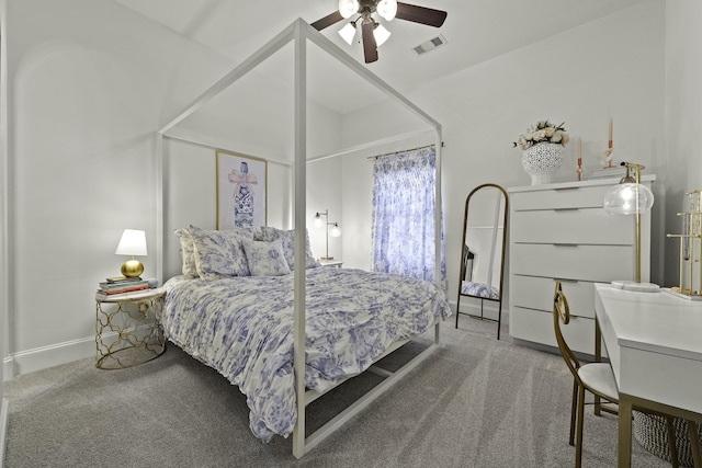 bedroom featuring visible vents, a ceiling fan, and carpet