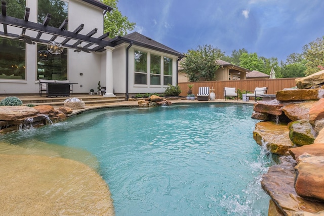 view of pool featuring a patio, a fenced in pool, fence, and a pergola