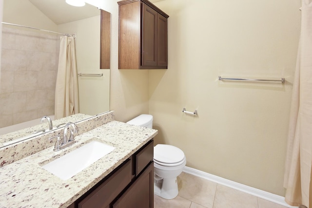 bathroom featuring tile patterned flooring, vanity, a shower with curtain, and toilet