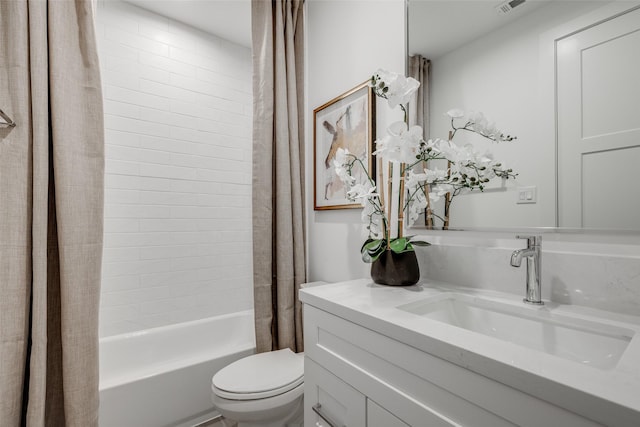 full bath featuring visible vents, toilet, vanity, and shower / bath combination with curtain