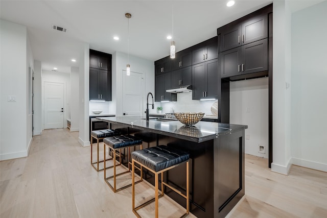 kitchen with visible vents, light wood finished floors, a kitchen island with sink, a sink, and under cabinet range hood