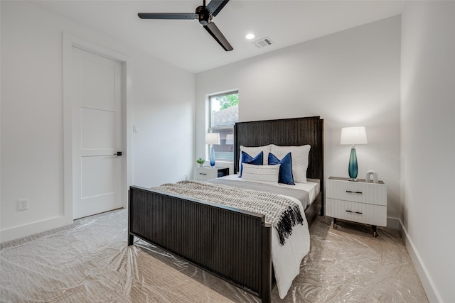 bedroom with recessed lighting, visible vents, ceiling fan, and baseboards