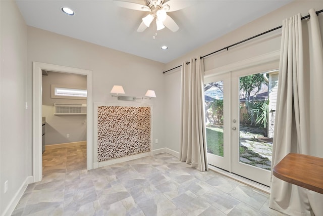 doorway to outside featuring ceiling fan and french doors