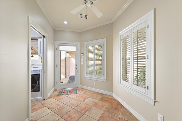 doorway to outside with crown molding, light tile patterned floors, and ceiling fan