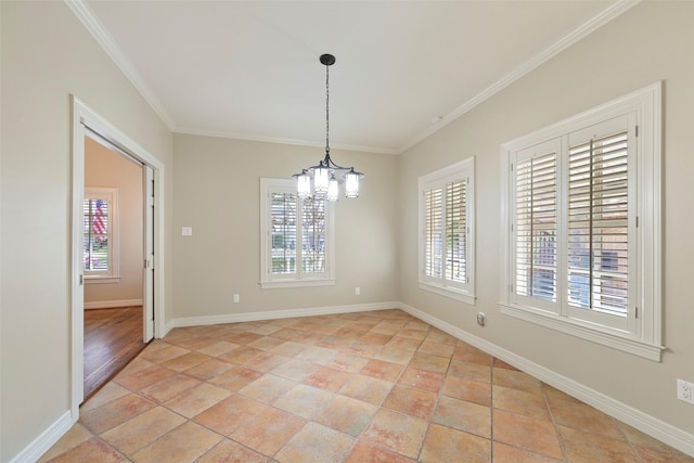 unfurnished dining area with crown molding and a chandelier