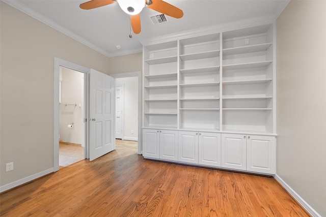 interior space with crown molding, light hardwood / wood-style flooring, and ceiling fan