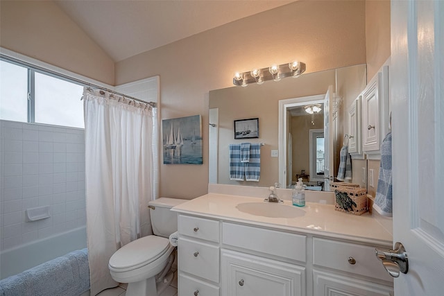 full bathroom with vanity, shower / tub combo, vaulted ceiling, and toilet