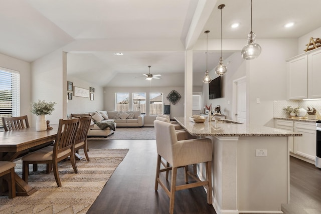 kitchen featuring dark wood finished floors, decorative backsplash, white cabinets, a sink, and light stone countertops