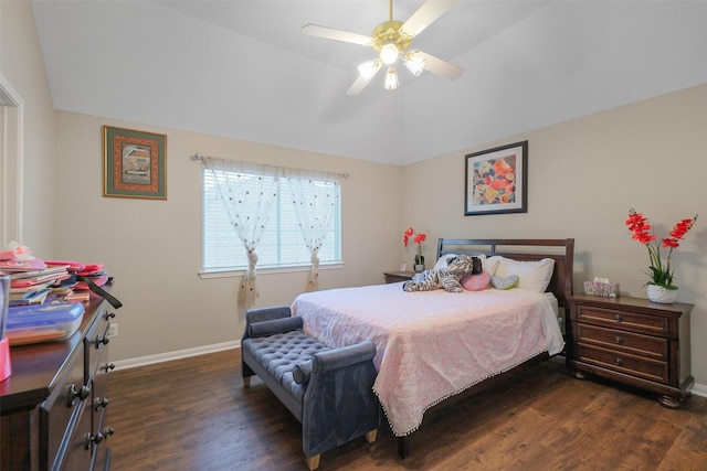 bedroom with dark wood-type flooring, ceiling fan, and lofted ceiling