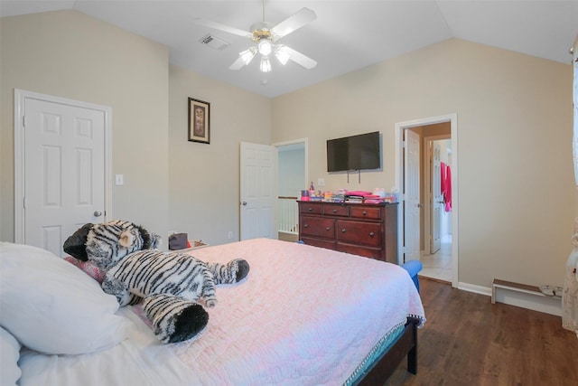bedroom featuring dark wood-type flooring, ceiling fan, and lofted ceiling