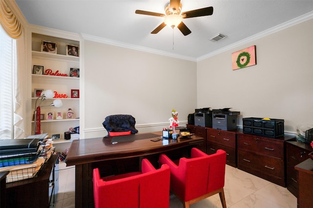 office area featuring ornamental molding and ceiling fan