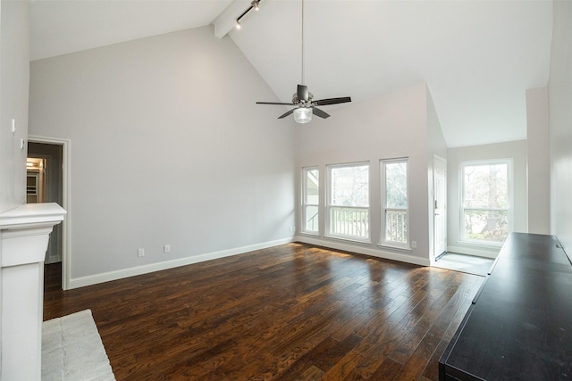 unfurnished living room featuring beamed ceiling, ceiling fan, dark hardwood / wood-style floors, and high vaulted ceiling