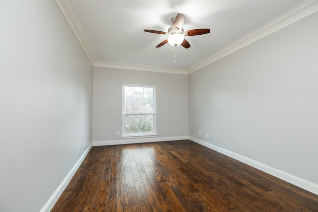 unfurnished room with crown molding, dark hardwood / wood-style floors, and ceiling fan